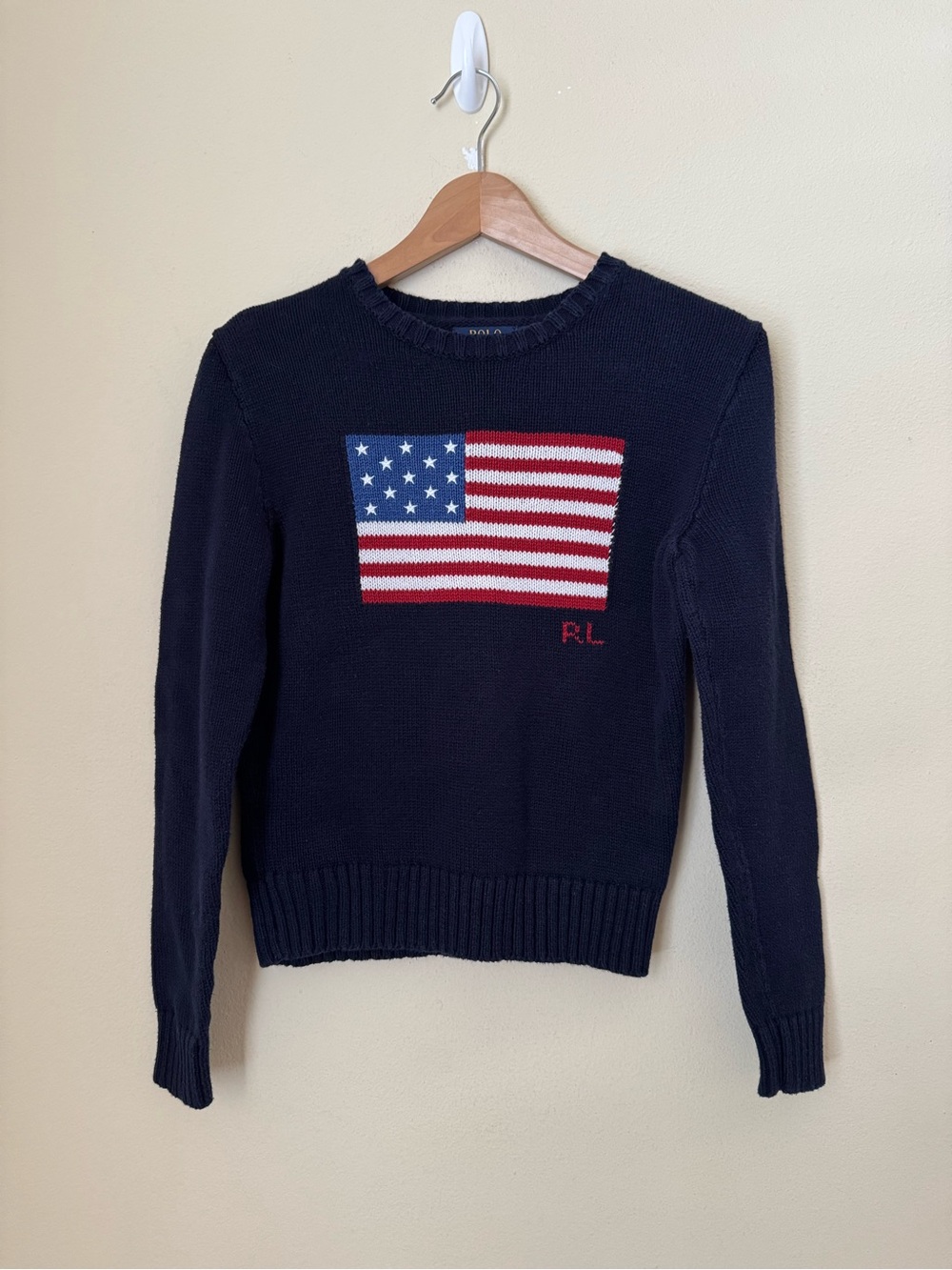Polo Ralph Lauren American Flag Sweater USA Knit Crewneck Navy Made In USA Small